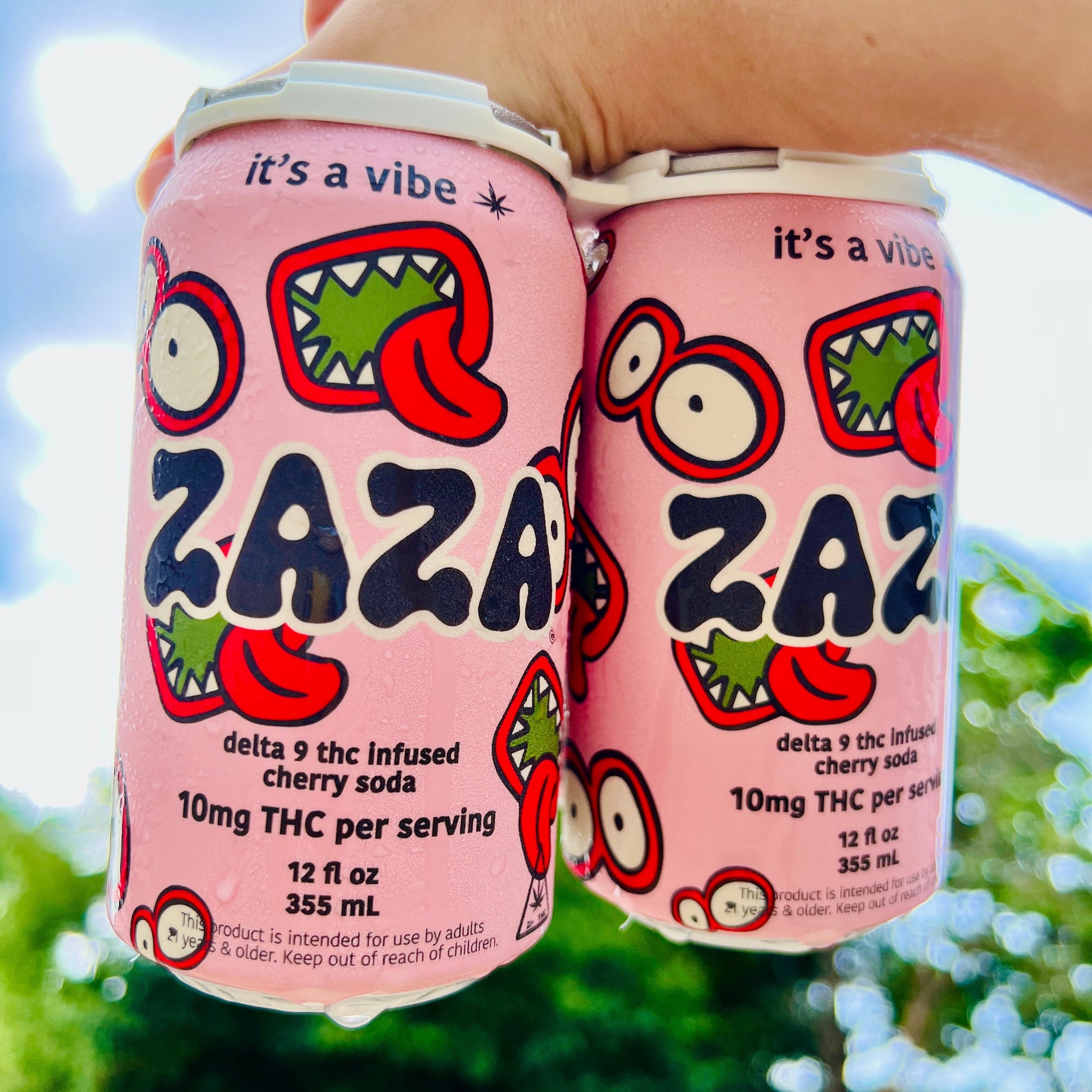 Two pink cans of 'it's a vibe' ZAZA soda held by a person with a blurred natural background.