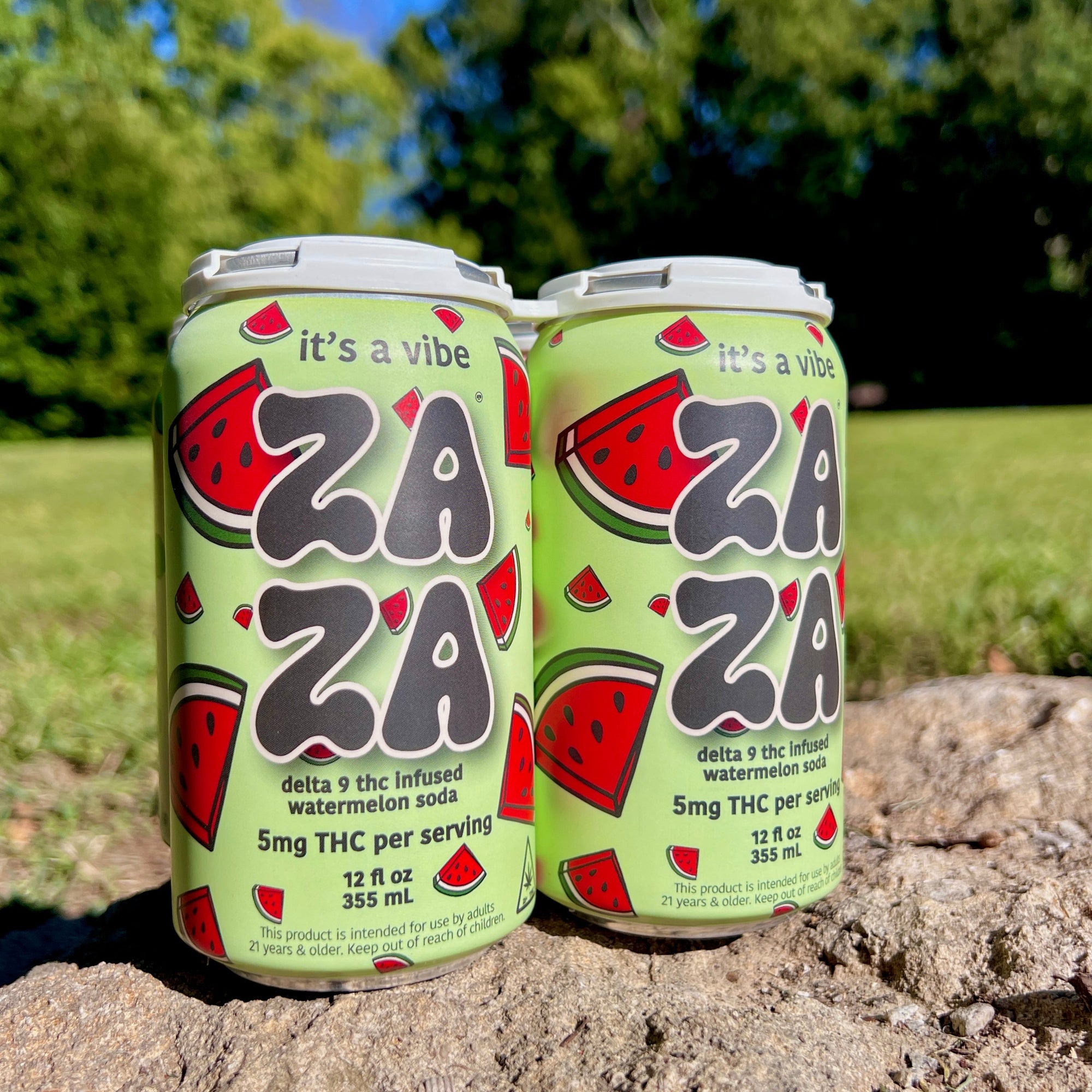ZAZA delta 9 infused watermelon soda on a stone surface with a natural background.